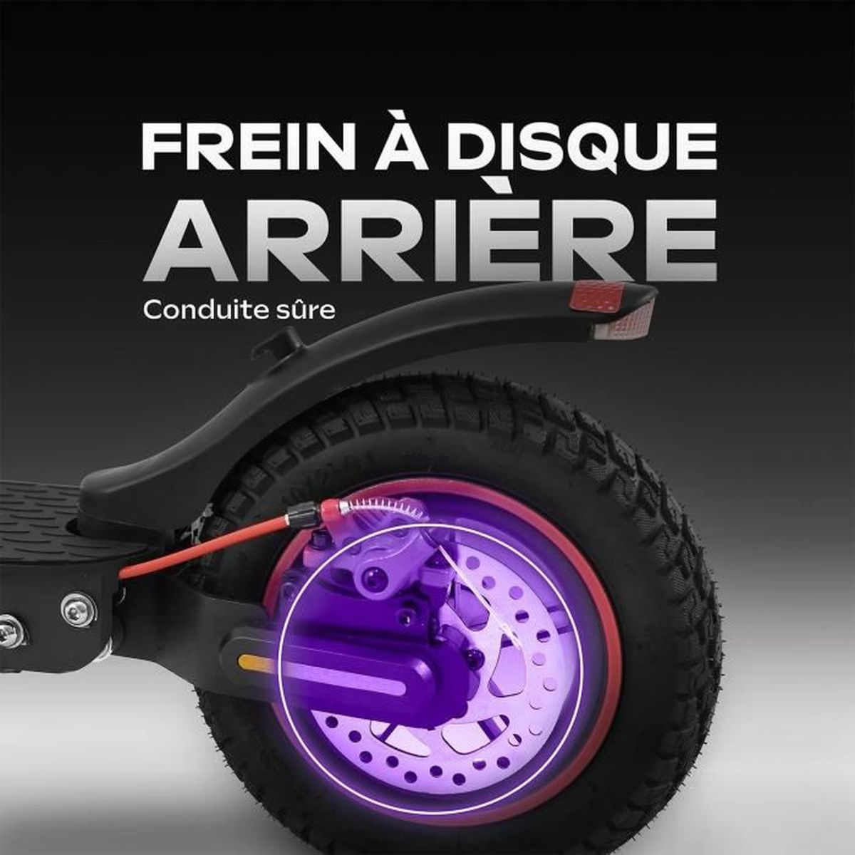 Roue arrière d'une trottinette électrique avec système de frein à disque. L'image met en évidence le frein et le pneu avec texte 'frein à disque arrière'.