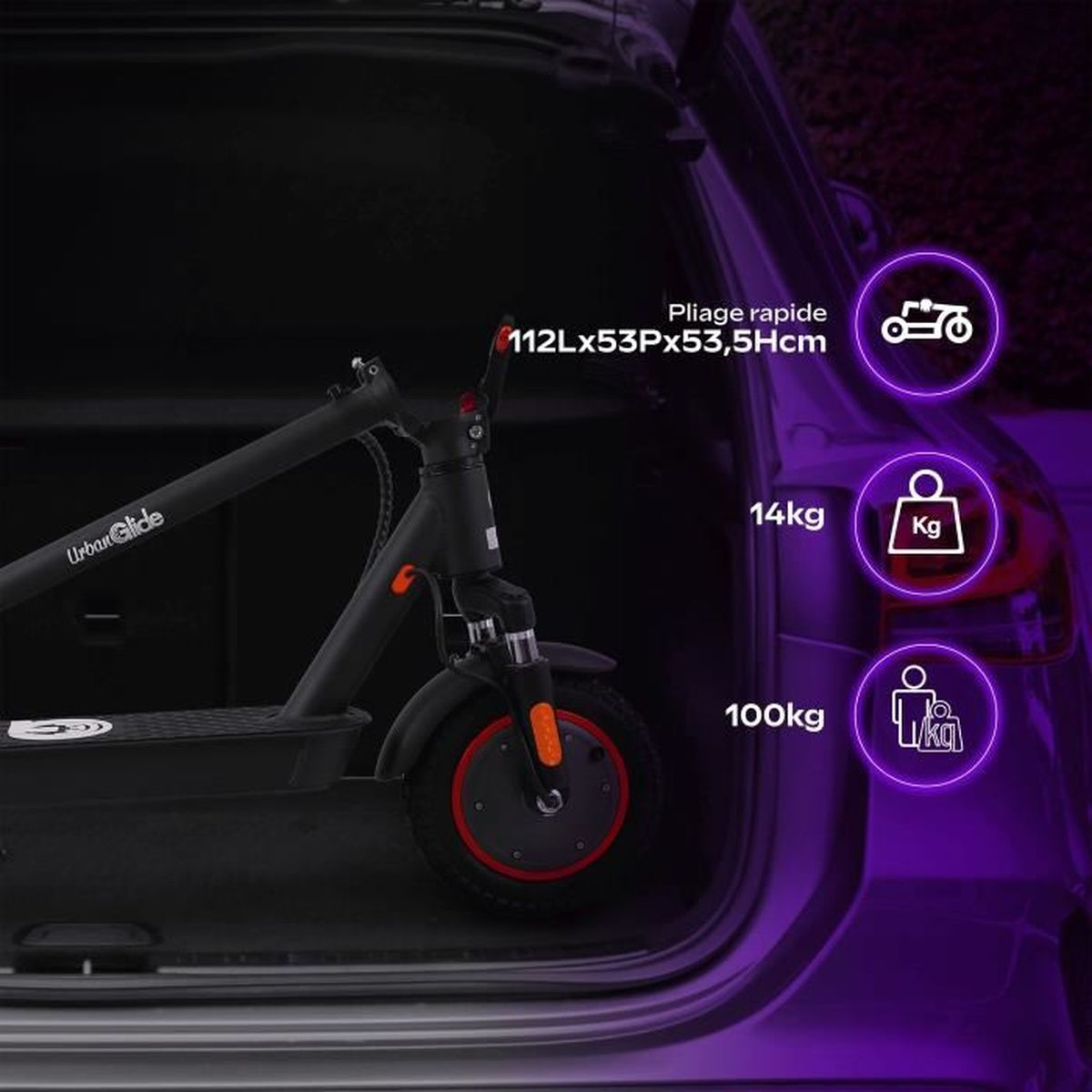 Une trottinette Urban Glide noire dans un coffre de voiture. Détails sur les dimensions, le poids et le poids maximal de l'utilisateur.