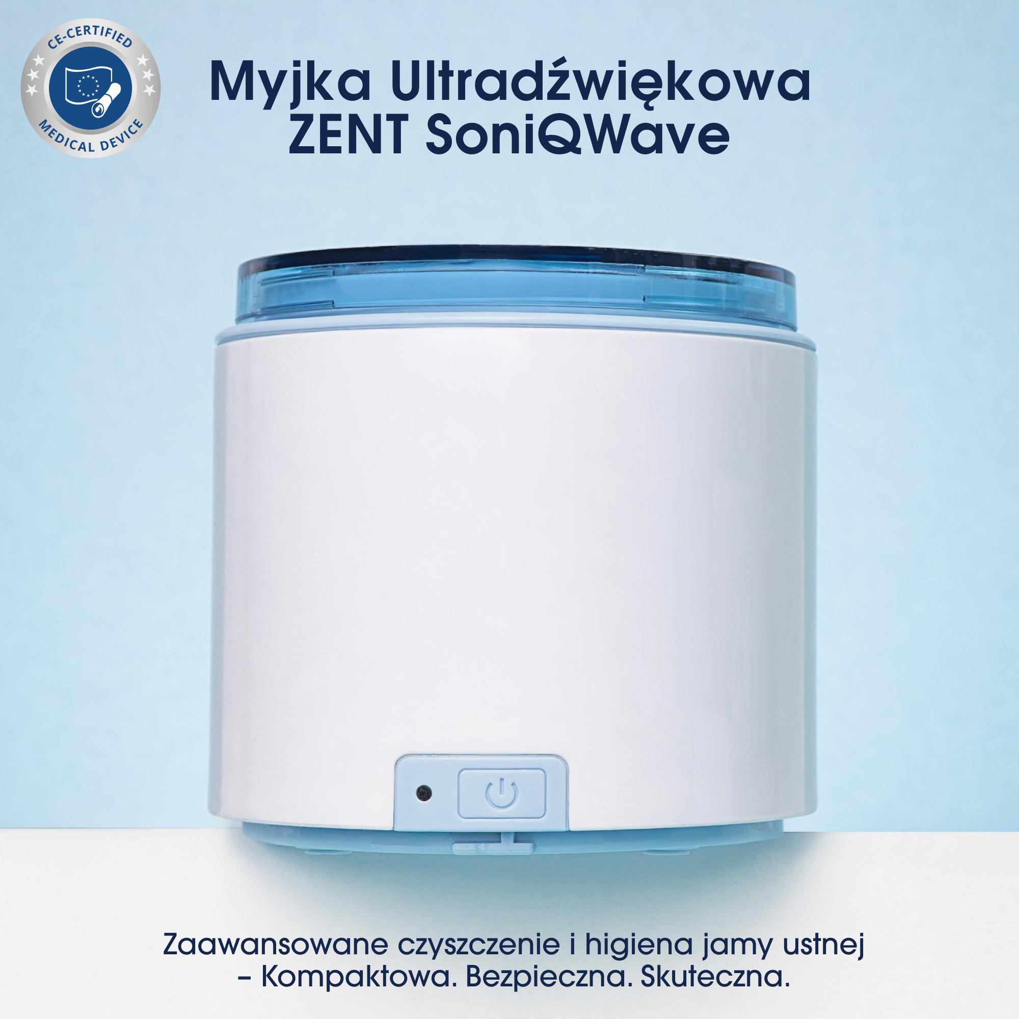 Biało-niebieska myjka ultradźwiękowa. Tekst na zdjęciu to 'Myjka Ultradźwiękowa ZENT SoniQWave'.
