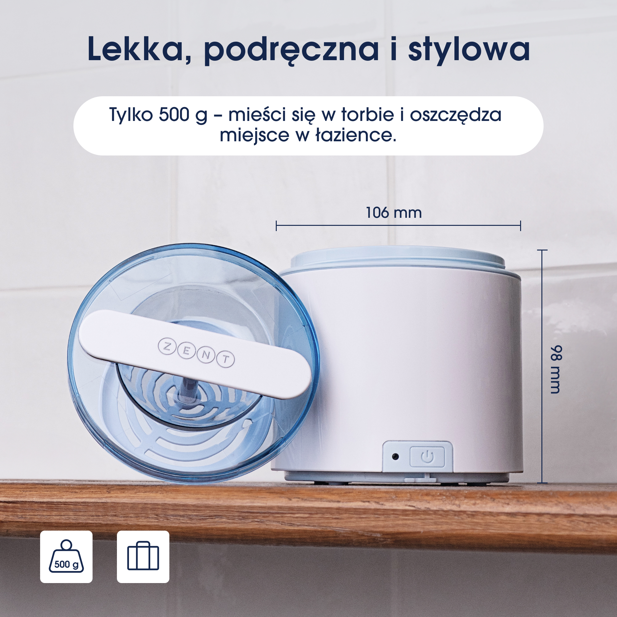 Biało-niebieskie urządzenie ZENT na drewnianej półce. Pokazano wymiary. Tekst mówi, że jest lekkie i stylowe.
