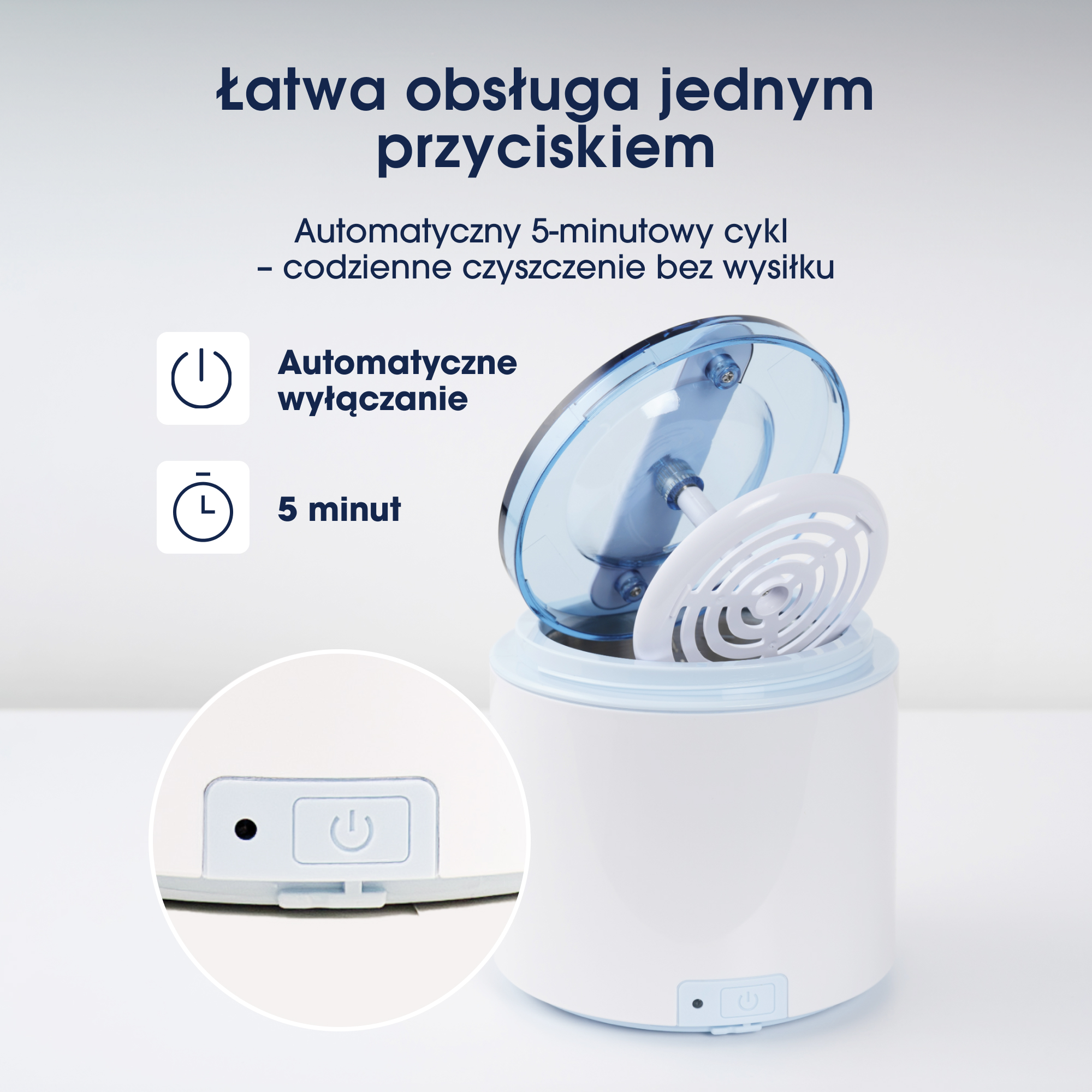 Biało-niebieskie urządzenie czyszczące z otwartą pokrywą. Pokazuje przycisk zasilania i 5-minutowy cykl.