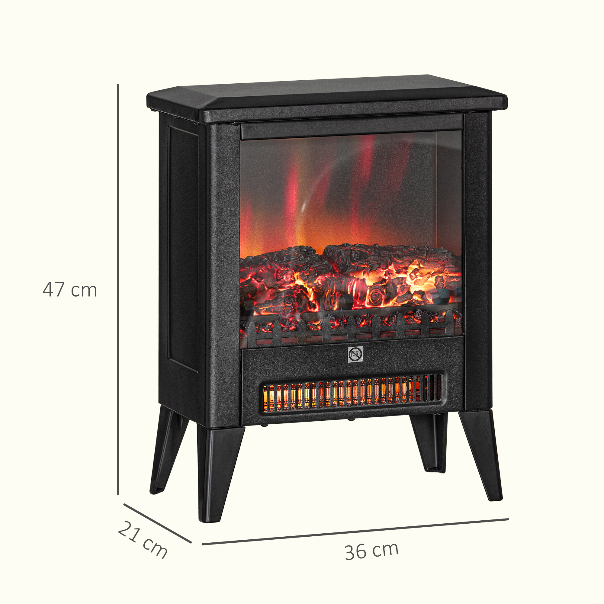 Caminetto elettrico nero, 47x21x36 cm, con finte fiamme e tronchi incandescenti, e un elemento riscaldante.