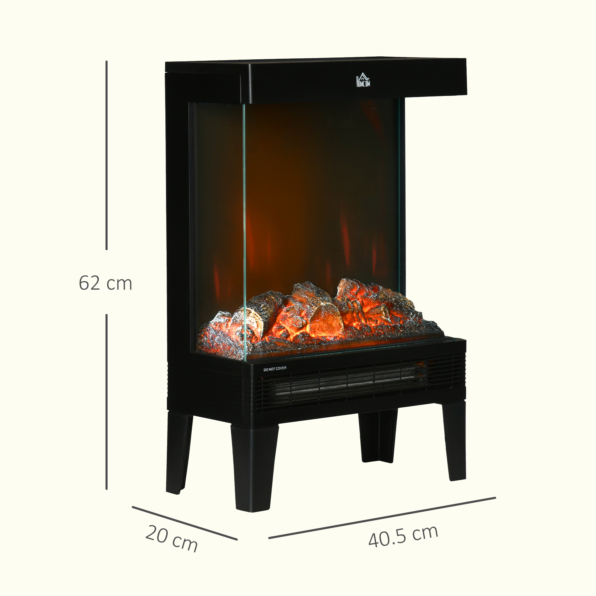 Un caminetto elettrico nero con finto fuoco e ceppi, con dimensioni indicate. È alto 62 cm e largo 40,5 cm.