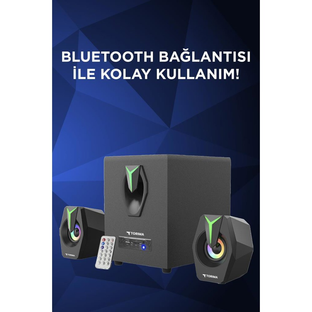 Bir subwoofer ve iki uydu hoparlörlü bir hoparlör sistemi. Metin şöyle diyor: 'Kolay kullanım için Bluetooth bağlantısı!'