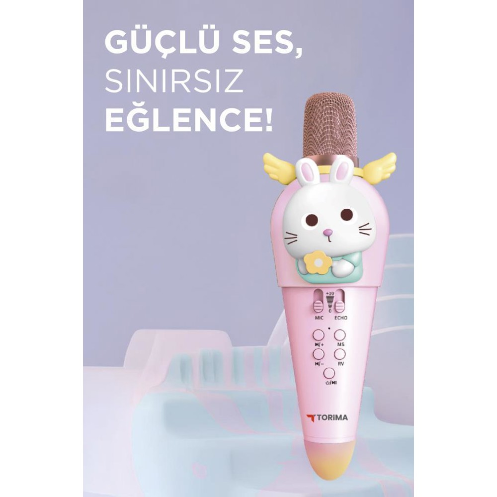 Türkçe metinli pembe tavşan temalı bir mikrofon. Ses kontrolü ve altın file üst kısmı vardır.