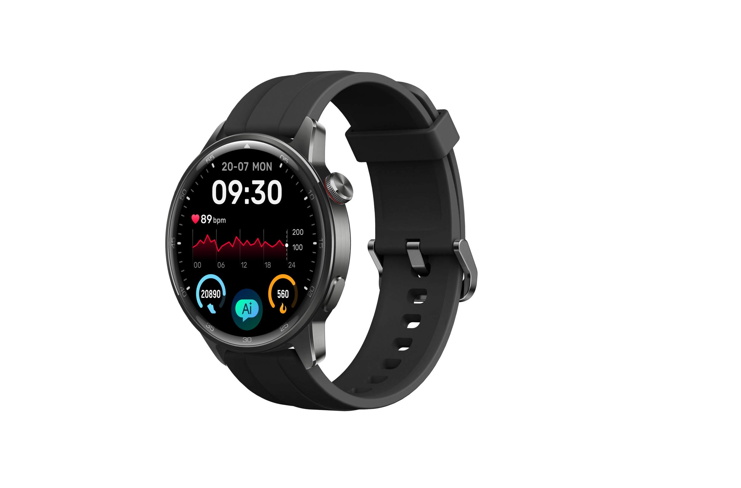 Czarny smartwatch z cyfrowym wyświetlaczem pokazującym czas, tętno i kroki na białym tle.