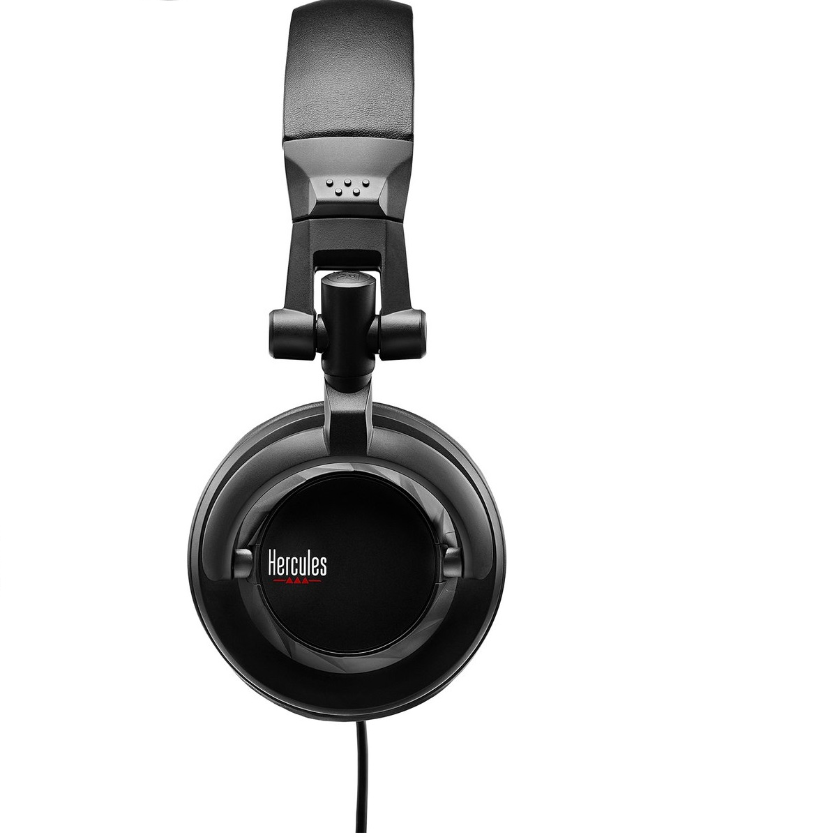 Black Hercules headphones hanging against a white background. The headphones have a round ear cup and a thick headband.