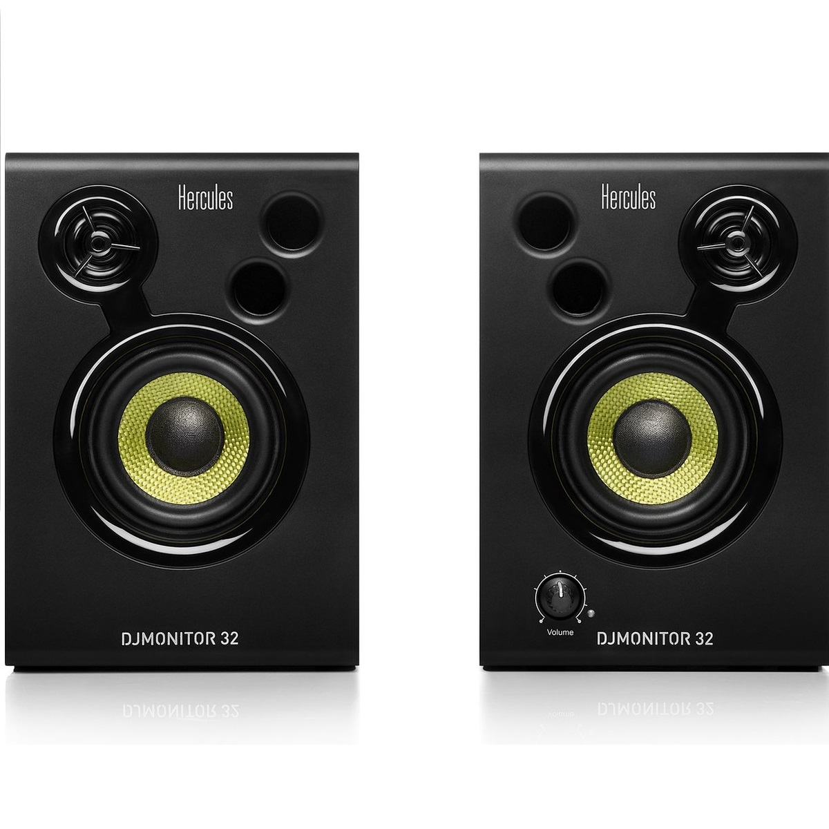 Two black DJ speakers with yellow cones. The speakers are labeled 'DJMonitor 32' and 'Hercules'.