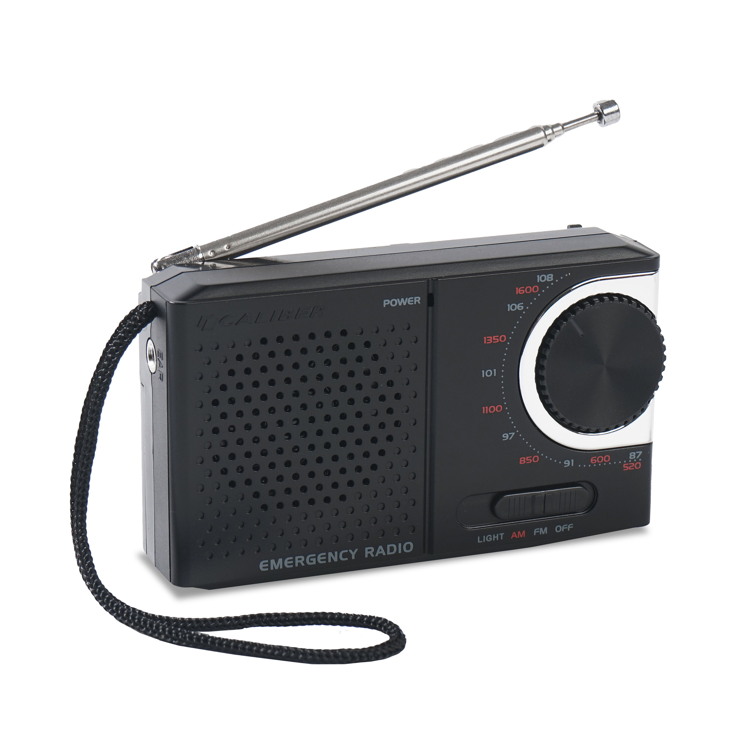 Schwarzes Notfunkgerät mit silberner Antenne und schwarzem Kabel. Merkmale ein Zifferblatt und Frequenzanzeigen.