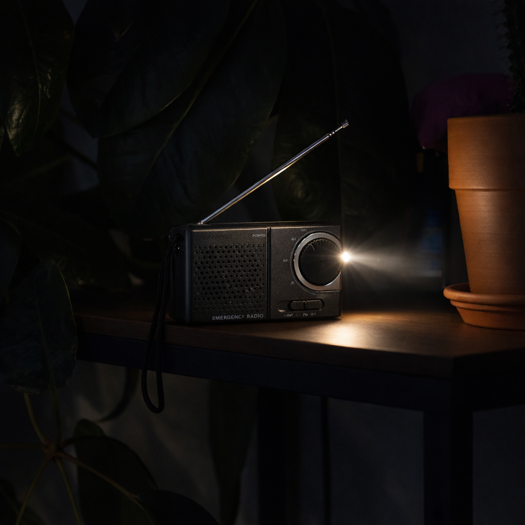 Ein schwarzes Notfallradio mit Licht steht auf einem Holzregal. Eine Pflanze und ein Terrakotta-Topf sind im Hintergrund.