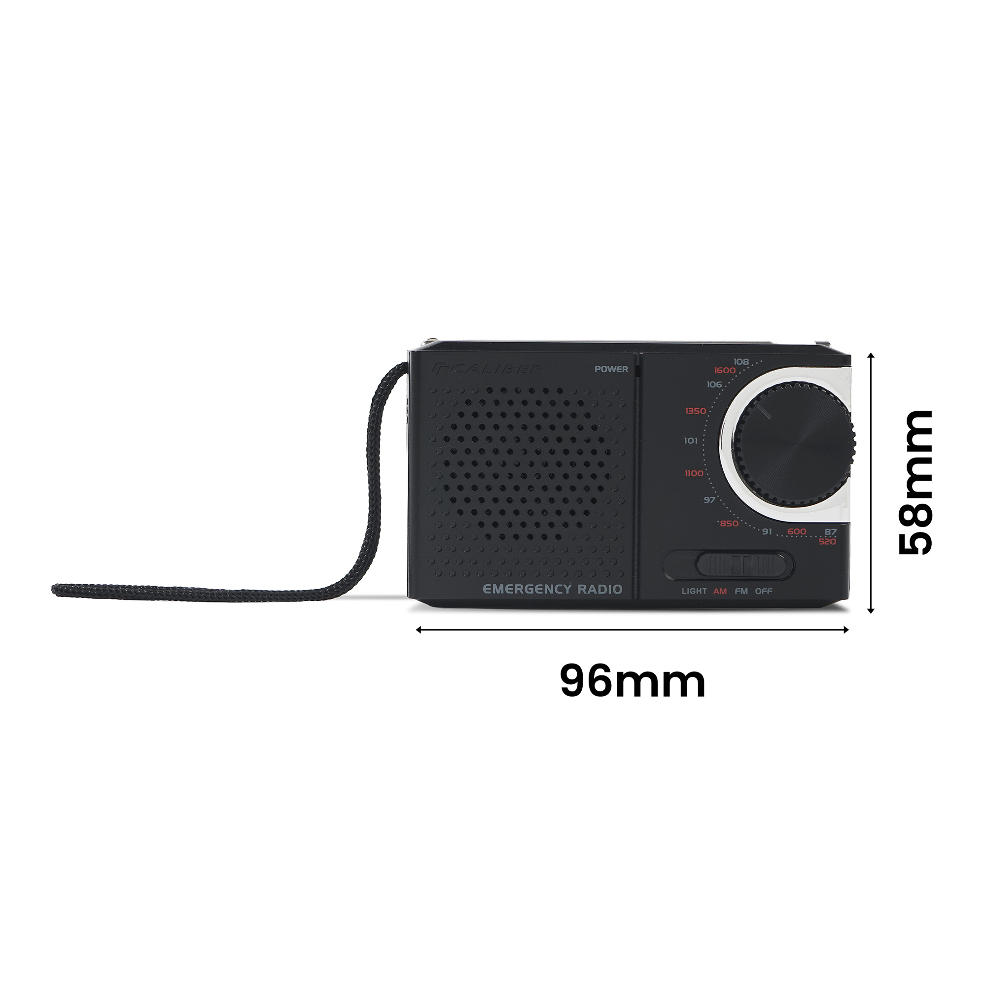 Schwarzes Notfallradio mit Drehknopf, Tasten und Trageschlaufe. Abmessungen sind 96 mm x 58 mm.