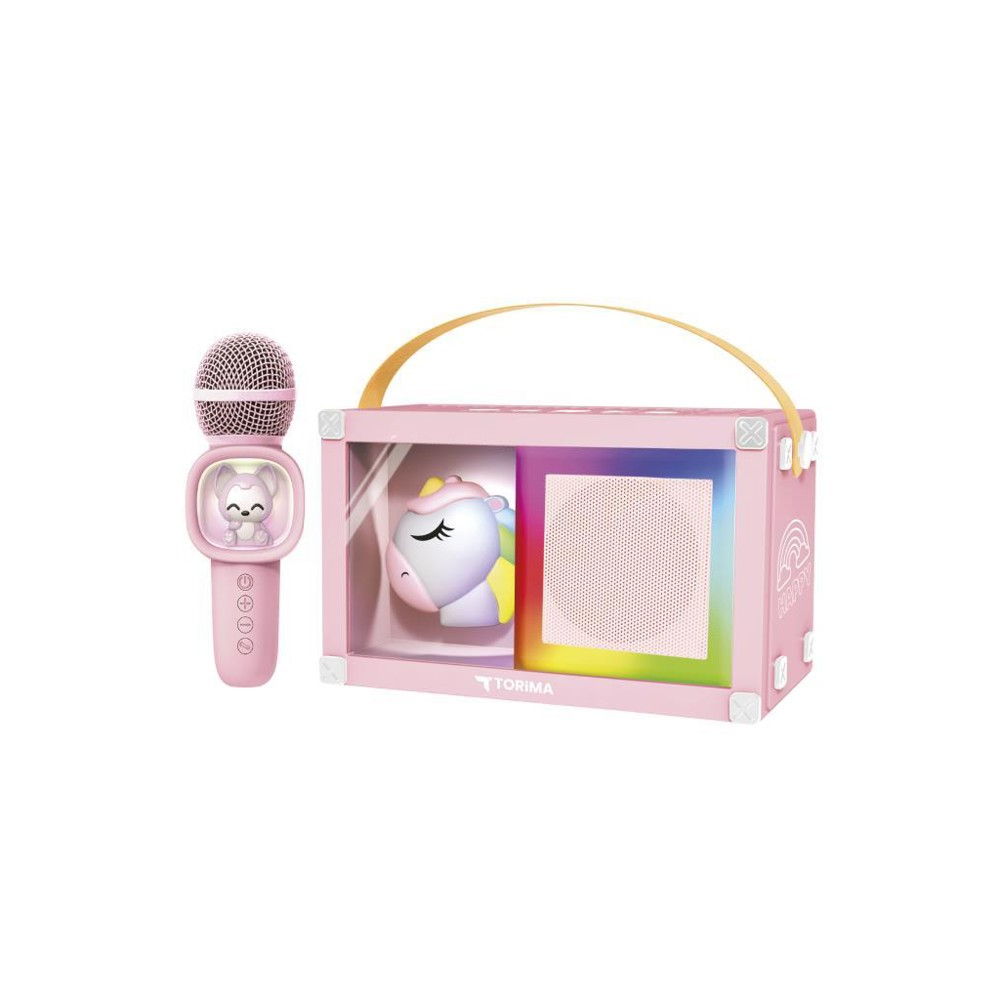 Pembe bir unicorn temalı karaoke seti. Bir mikrofon, bir unicorn figürü ve bir tutamağa sahip bir hoparlör içerir. Hoparlörde gökkuşağı ışıkları vardır.