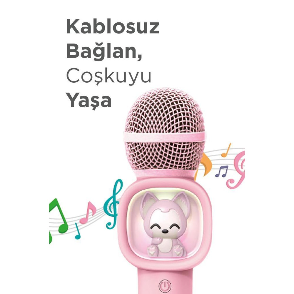 Sevimli hayvan tasarımlı pembe bir mikrofon. Müzik notaları etrafını sarıyor. Türkçe metin: 'Kablosuz Bağlan, Coşkuyu Yaşa'.