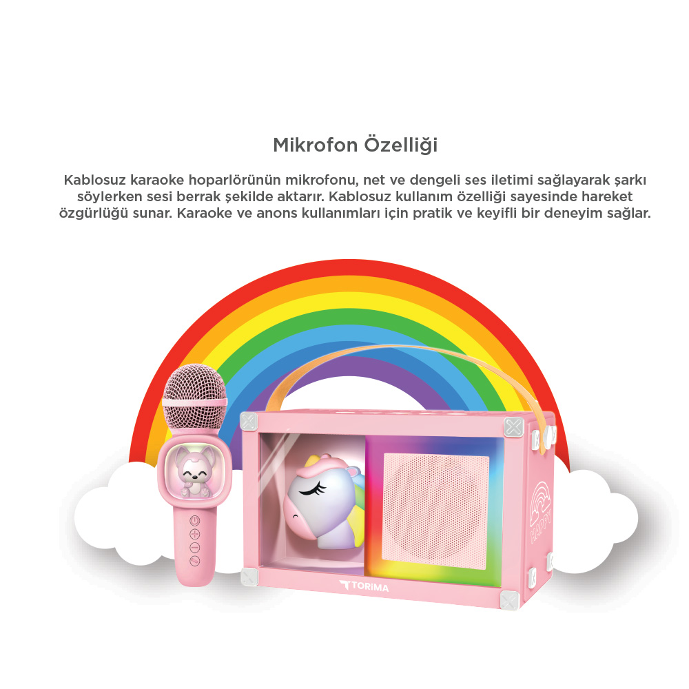 Gökkuşağı ile pembe karaoke hoparlörü ve mikrofonu. Hoparlörün içinde bir unicorn var. Her iki tarafta da bulut var.