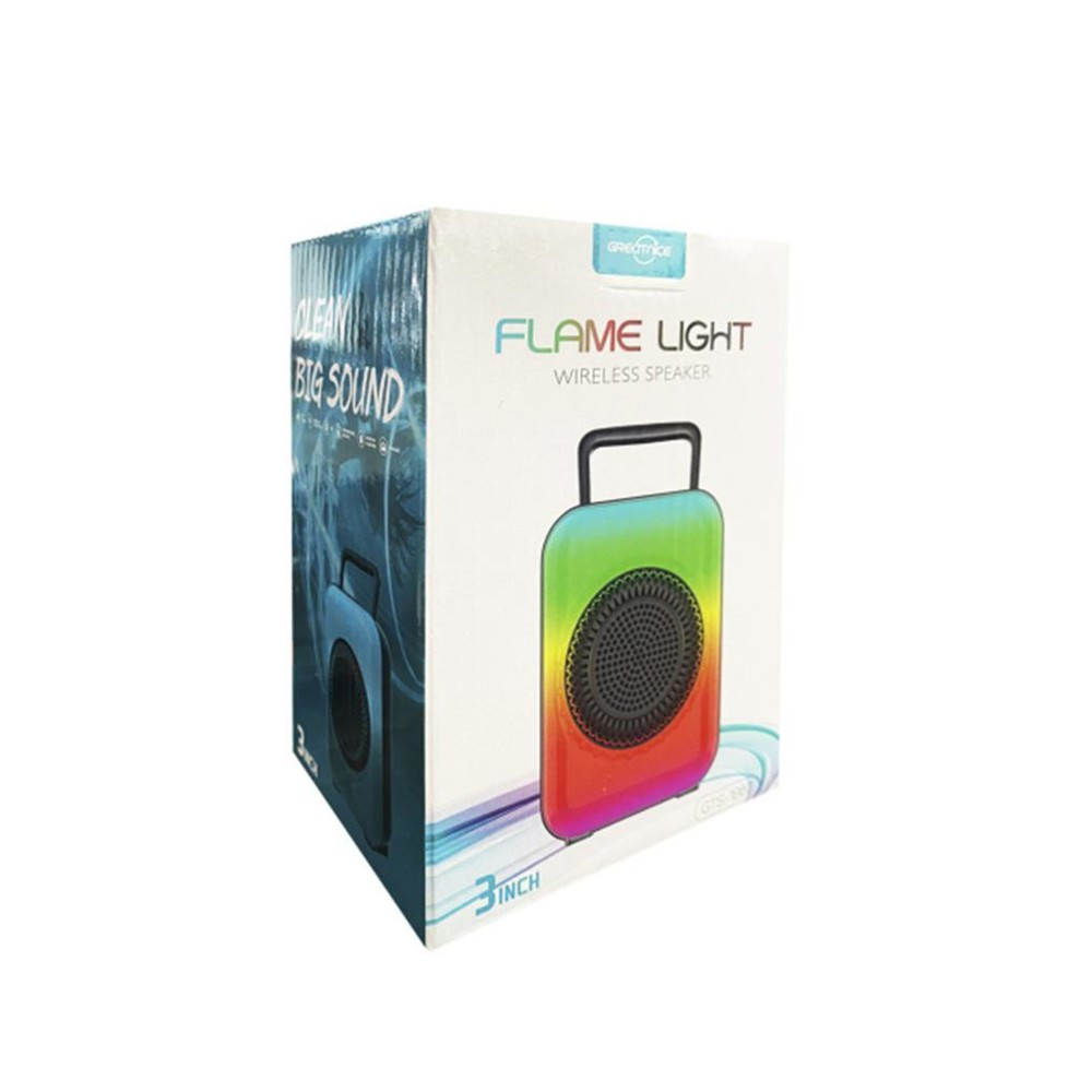 'FLAME LIGHT WIRELESS SPEAKER' yazılı renkli bir hoparlör kutusu. 'CLEAN BIG SOUND' ve '3 INCH' metinlerini içerir.