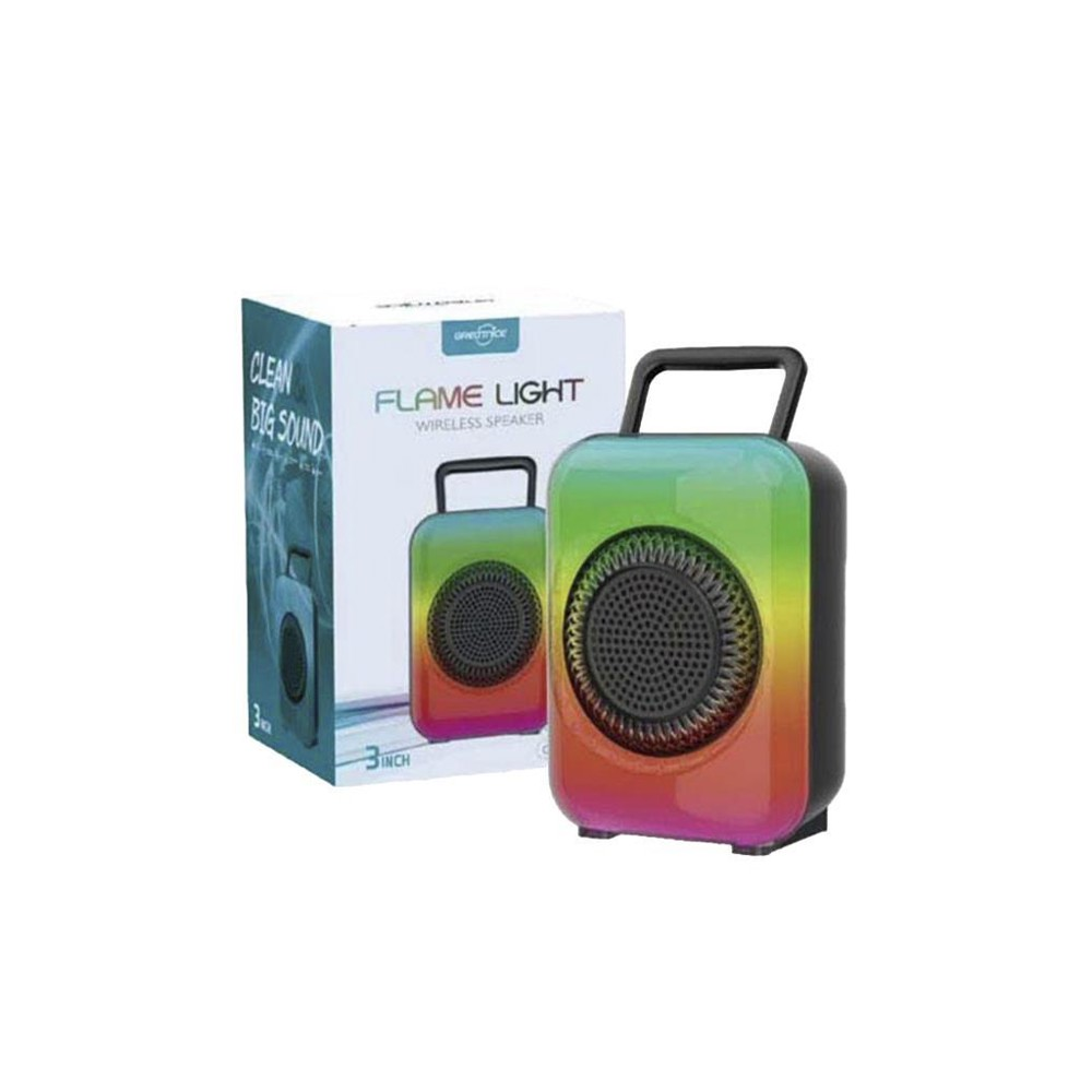 Bir tutamağa sahip renkli bir kablosuz hoparlör, 'Flame Light' ve 'Clean Big Sound' etiketli kutusunun yanında.