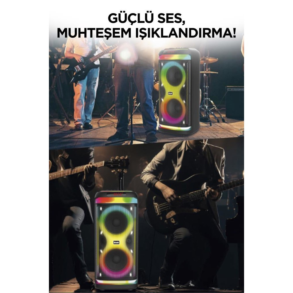 Bir grup hoparlörle performans sergiliyor. Hoparlörün renkli ışıkları var. Müzisyenler sahnede gitar ve davul çalıyor.