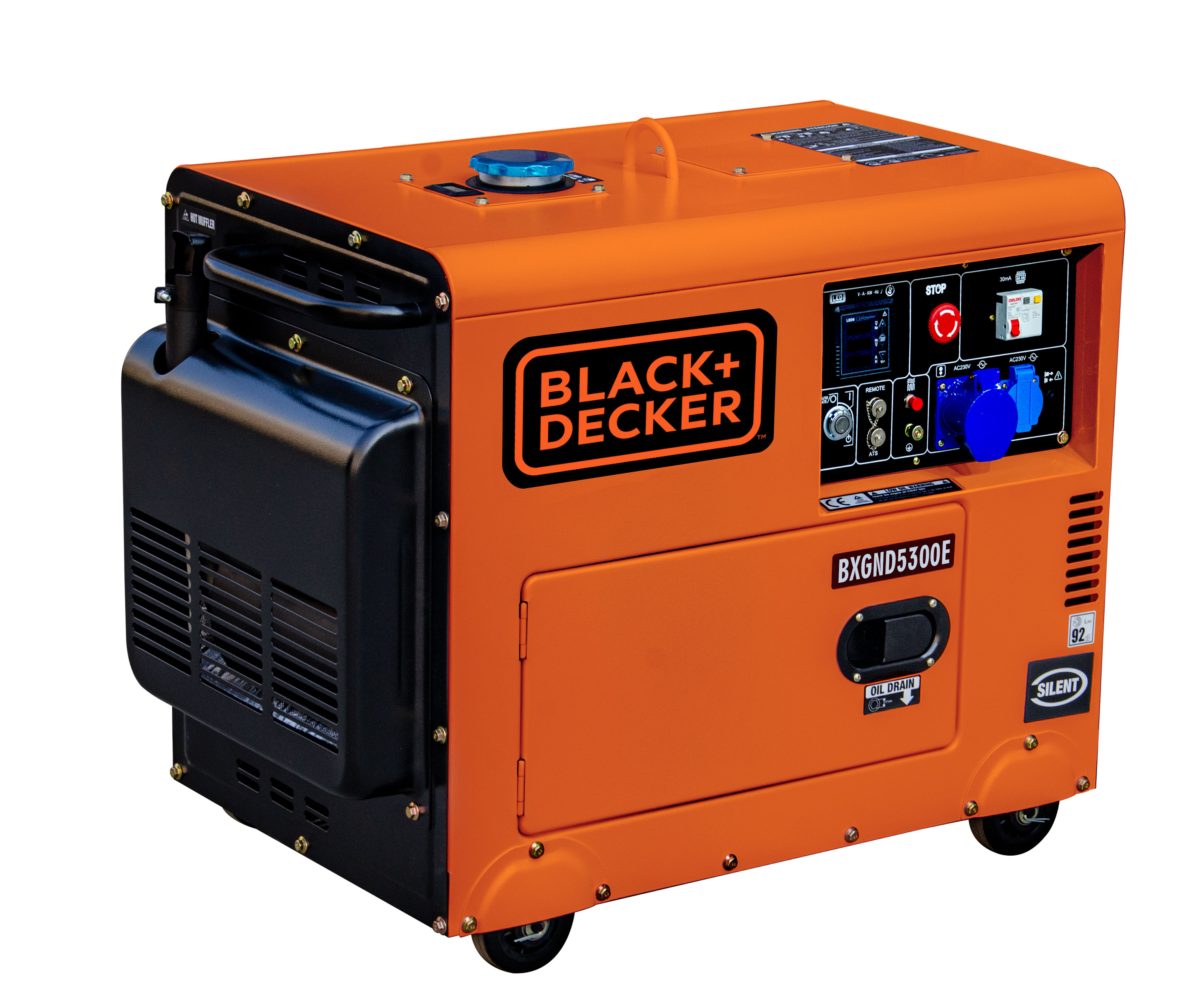 Un generador Black+Decker naranja y negro. Tiene una tapa de combustible azul, un panel de control y ruedas.