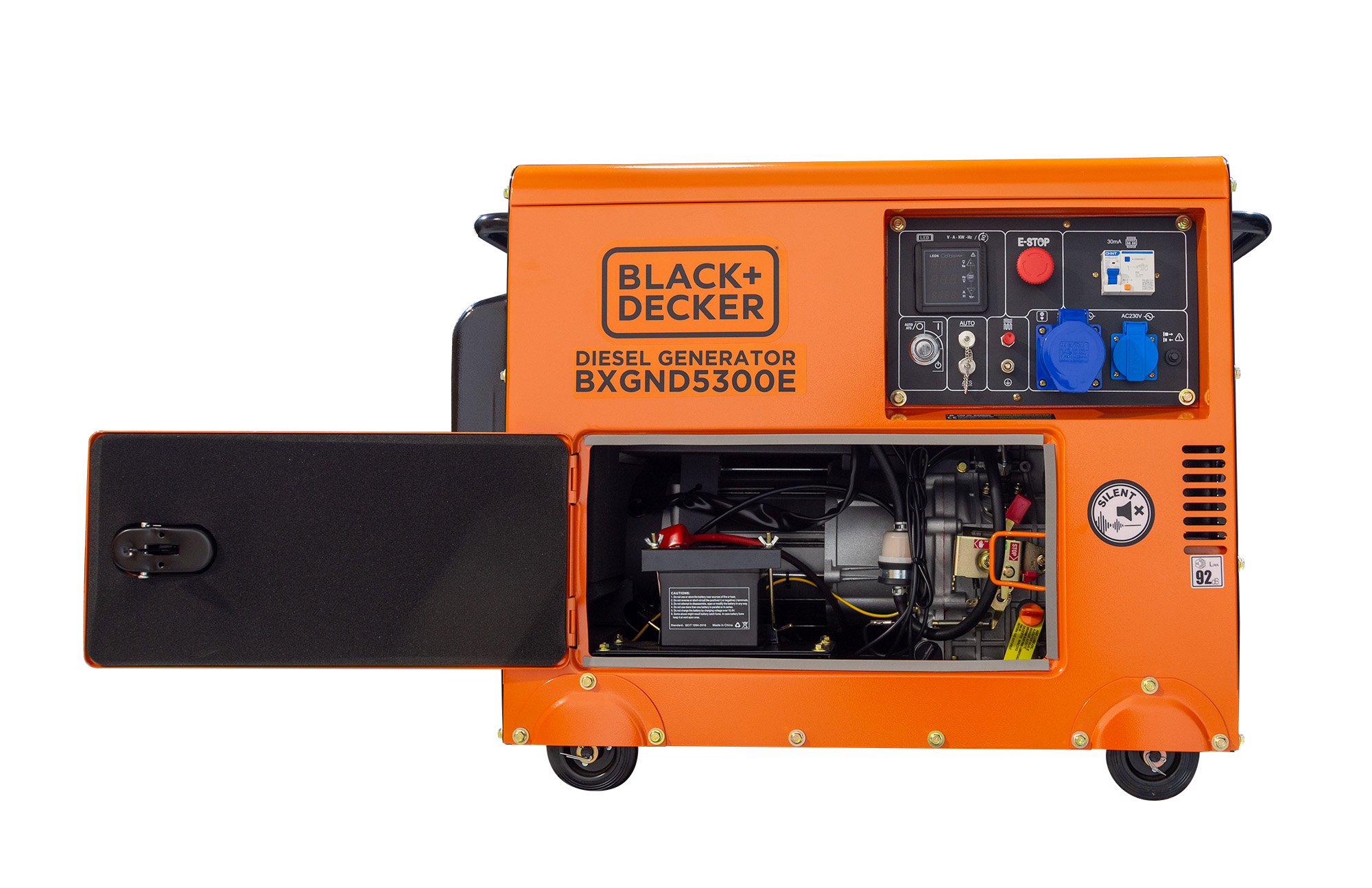 Un generador diésel Black+Decker naranja. La puerta está abierta. Tiene ruedas y un panel de control con botones y enchufes.