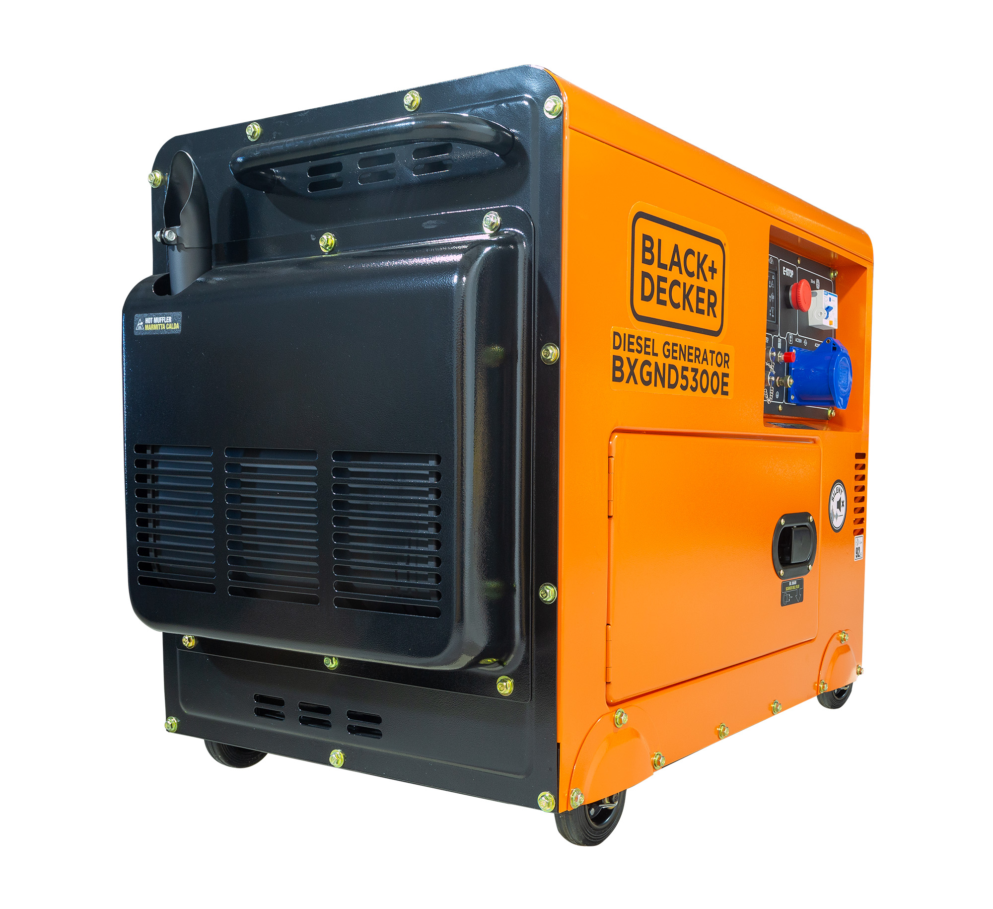 Un generador diésel Black+Decker naranja y negro. Tiene ruedas, un panel de control y un escape negro.