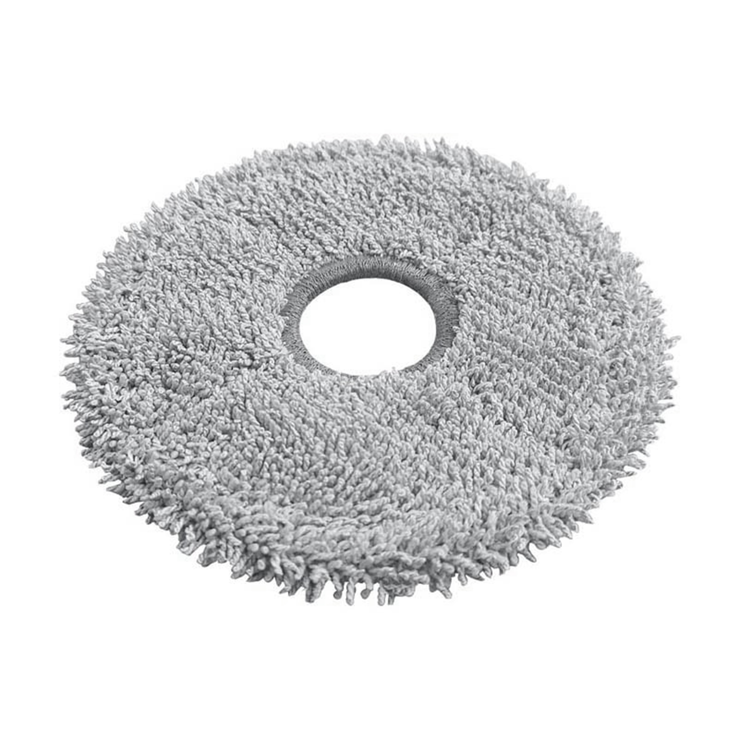 Una testa per mop rotonda in microfibra grigia con un foro al centro. Il mop ha una consistenza soffice ed è su sfondo bianco.
