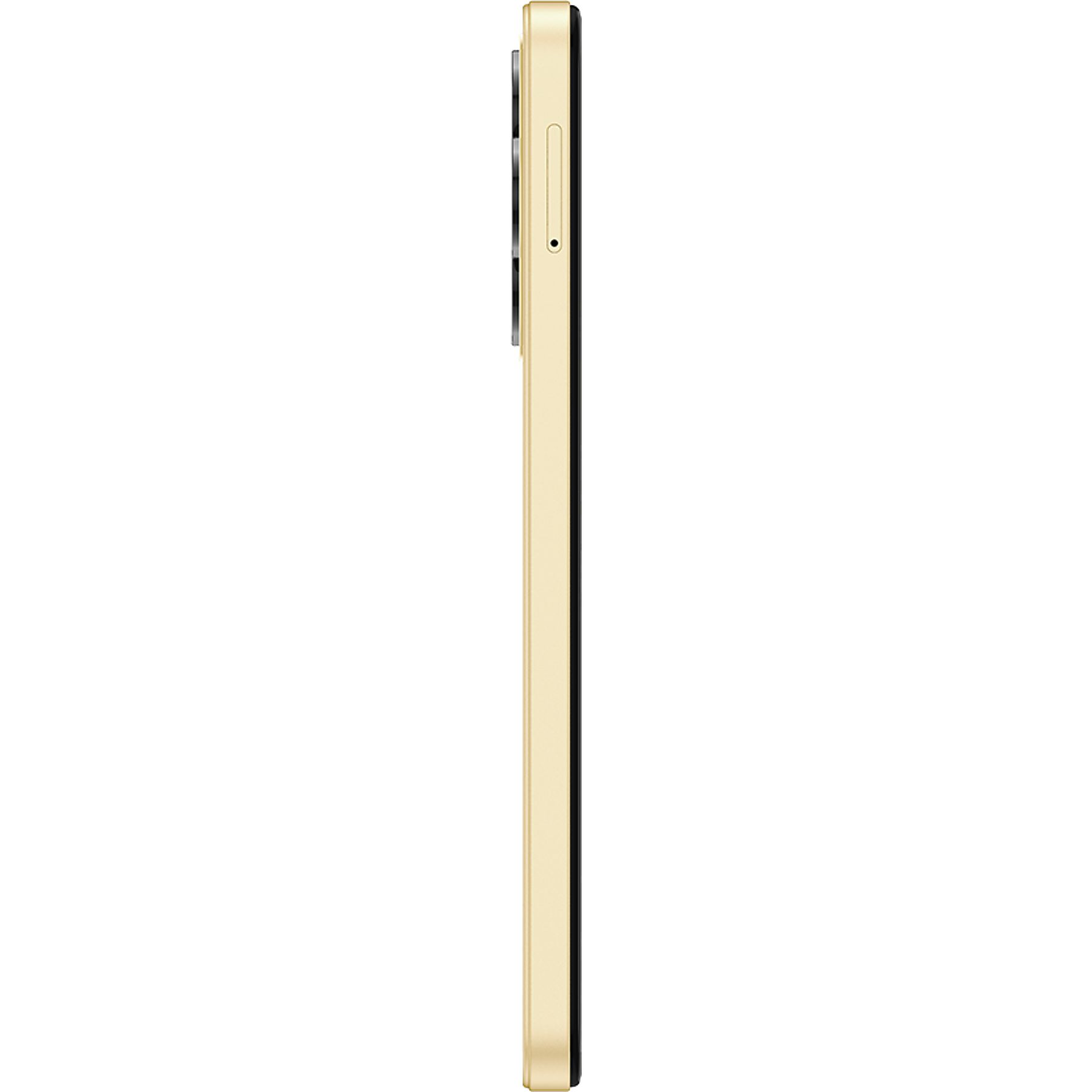 Altın renkli bir akıllı telefonun yan profili, kenarında kamera, ses düğmeleri ve SIM tepsisi var.