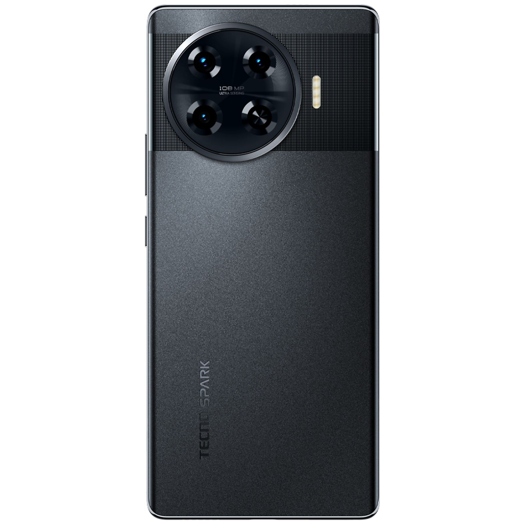 Siyah bir Tecno Spark akıllı telefonun arkası. Büyük bir kamera modülüne sahip ve marka adı altta.