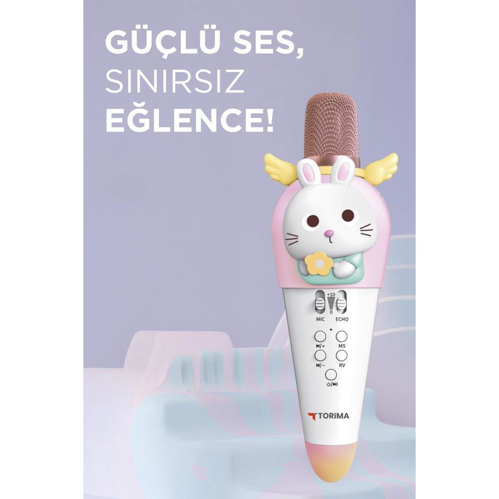 Pembe ve beyaz tavşan şeklinde bir oyuncak mikrofon. Düğmeleri ve 'TORIMA' yazısı var. Arka plan mor.