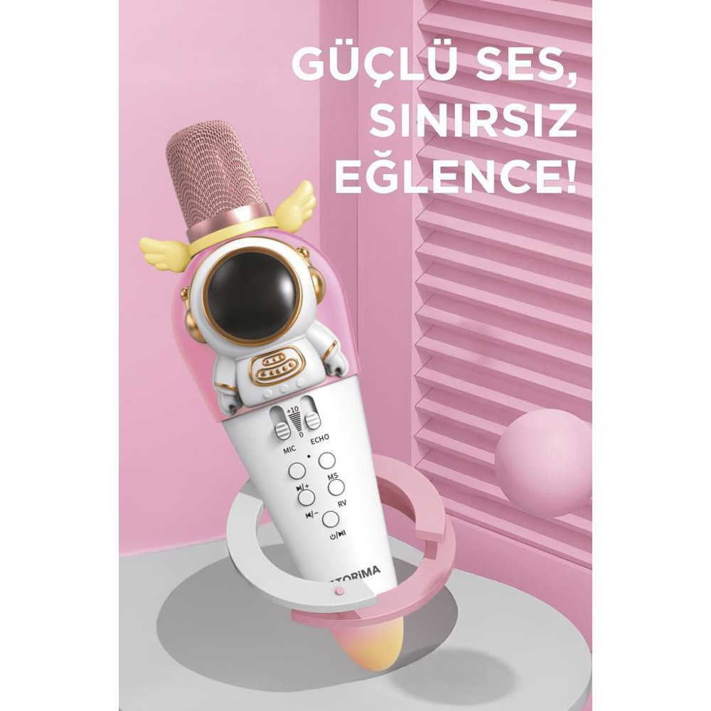 Astronot tasarımlı pembe bir mikrofon. Türkçe metin: 'Güçlü ses, sınırsız eğlence!' Arka plan pembe.