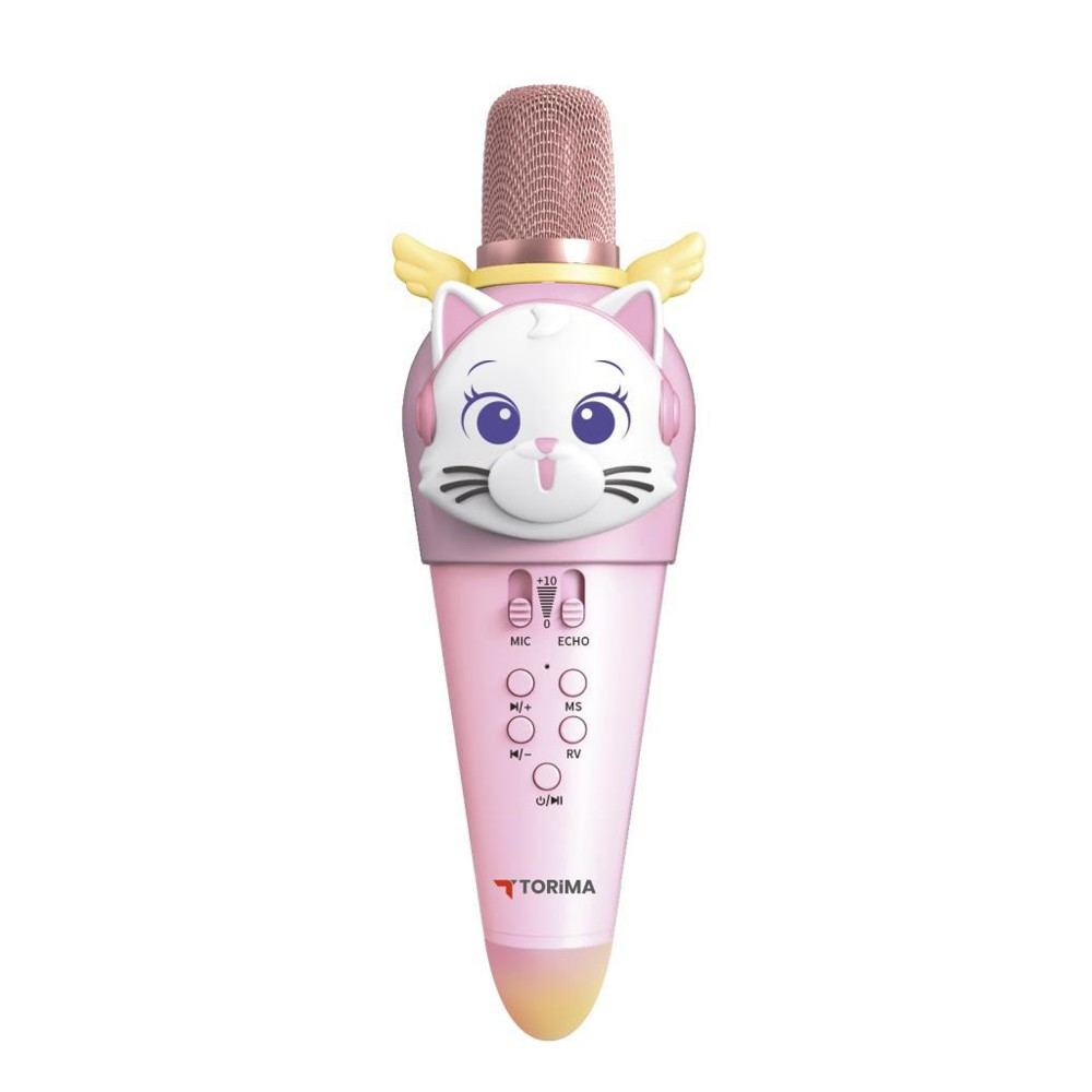 Pembe bir Torima mikrofon, kedi kafası şeklinde. Örgü üst kısım, düğmeler ve sarı bir tabana sahip.