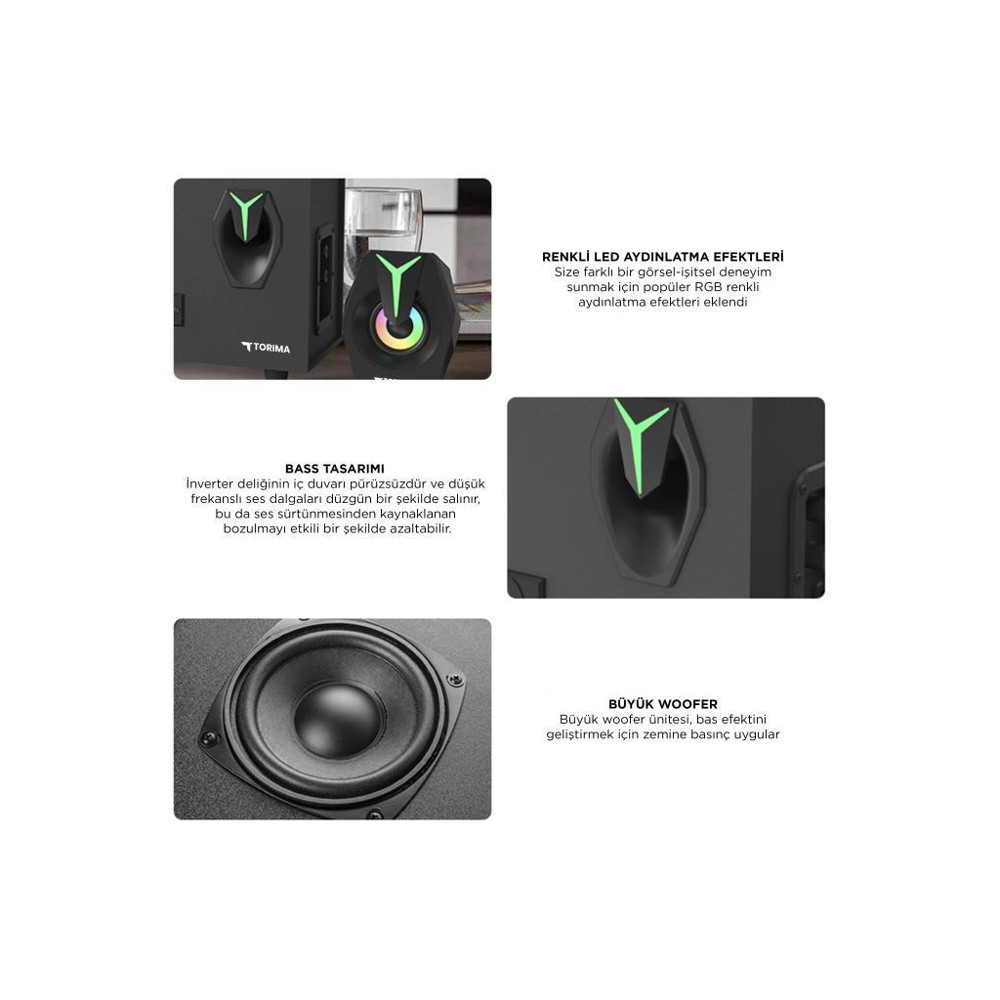 Siyah bir hoparlör sistemi, bir subwoofer ve daha küçük bir hoparlör, her ikisi de yeşil ve mavi LED aydınlatmaya sahip.