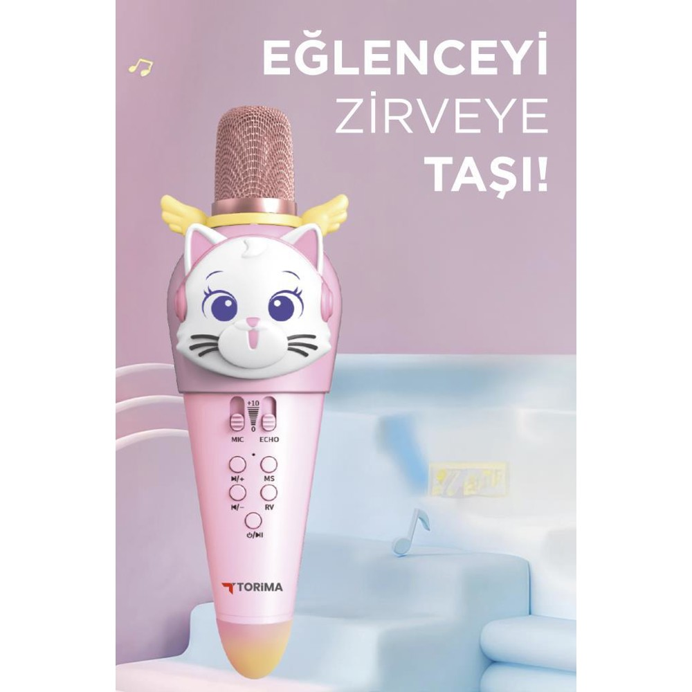 Pembe kedi temalı mikrofon. Kedi yüzü tasarımı ve kanatları var. Türkçe metin: 'Eğlenceyi zirveye taşı!'