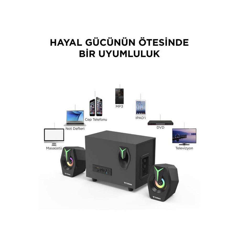 Görüntü, hoparlörler, bir subwoofer, dizüstü bilgisayar, telefon, MP3 çalar, tablet, DVD oynatıcı ve TV gibi çeşitli elektronik cihazları gösteriyor.