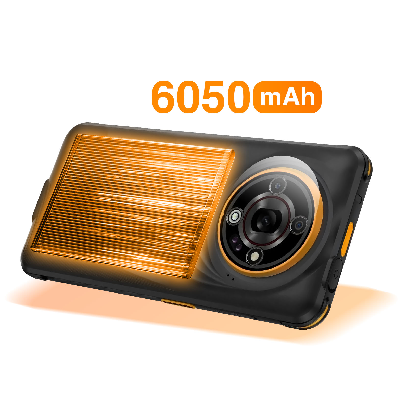 Czarny smartfon z pomarańczowym ekranem i aparatem. Tekst na górze to 6050 mAh w kolorze pomarańczowym.