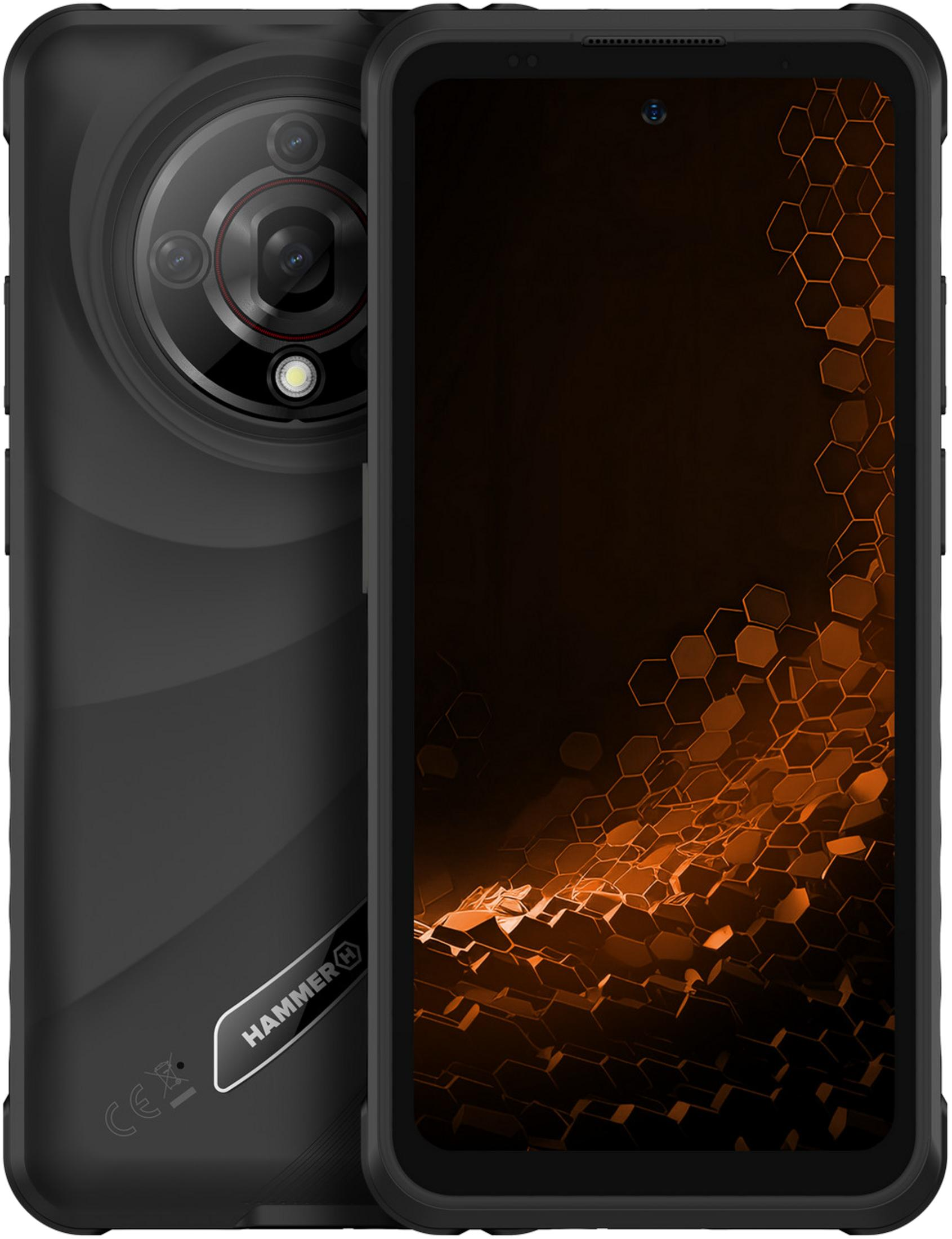 Smartphone nero con più fotocamere e schermo con motivo esagonale.