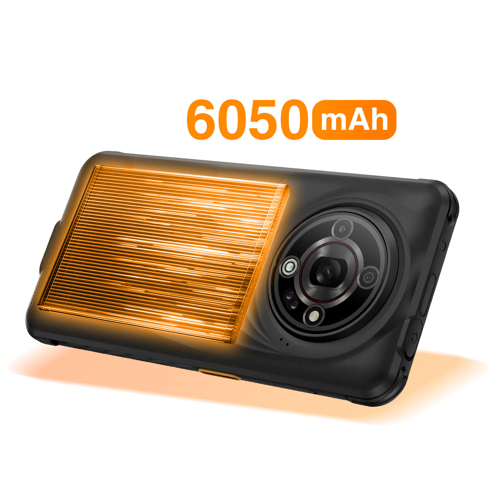 Czarny smartfon z pomarańczowym ekranem i obiektywami aparatu. Na górze napis 6050 mAh. Tło jest białe.