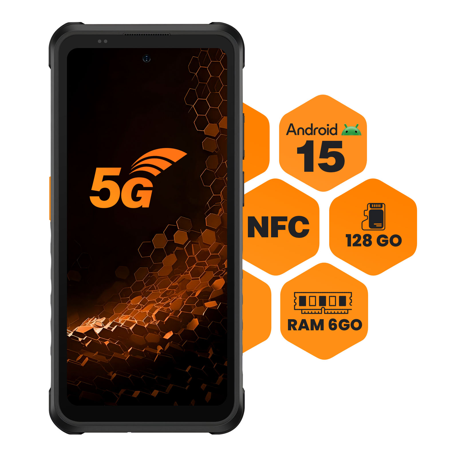 Smartphone nero con logo 5G. Caratteristiche: Android 15, NFC, 128 GB e RAM 6 GB. Accenti arancioni e sfondo bianco.