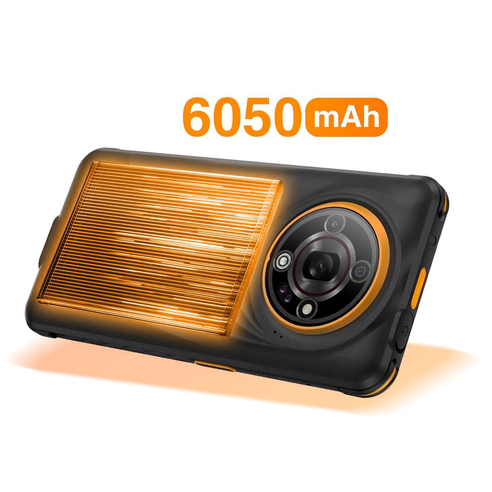 Schwarzes Smartphone mit orangefarbenen Akzenten, Text '6050 mAh'. Verfügt über mehrere Kameras und einen strukturierten orangefarbenen Bereich.
