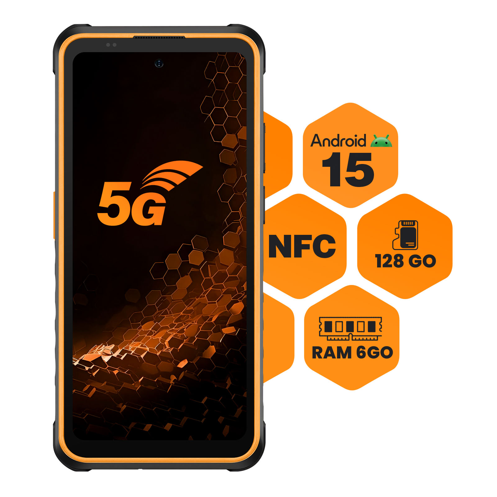 Robustes Smartphone mit 5G, Android 15, NFC, 128 GB und 6 GB RAM. Orange Akzente auf schwarzem Telefon.