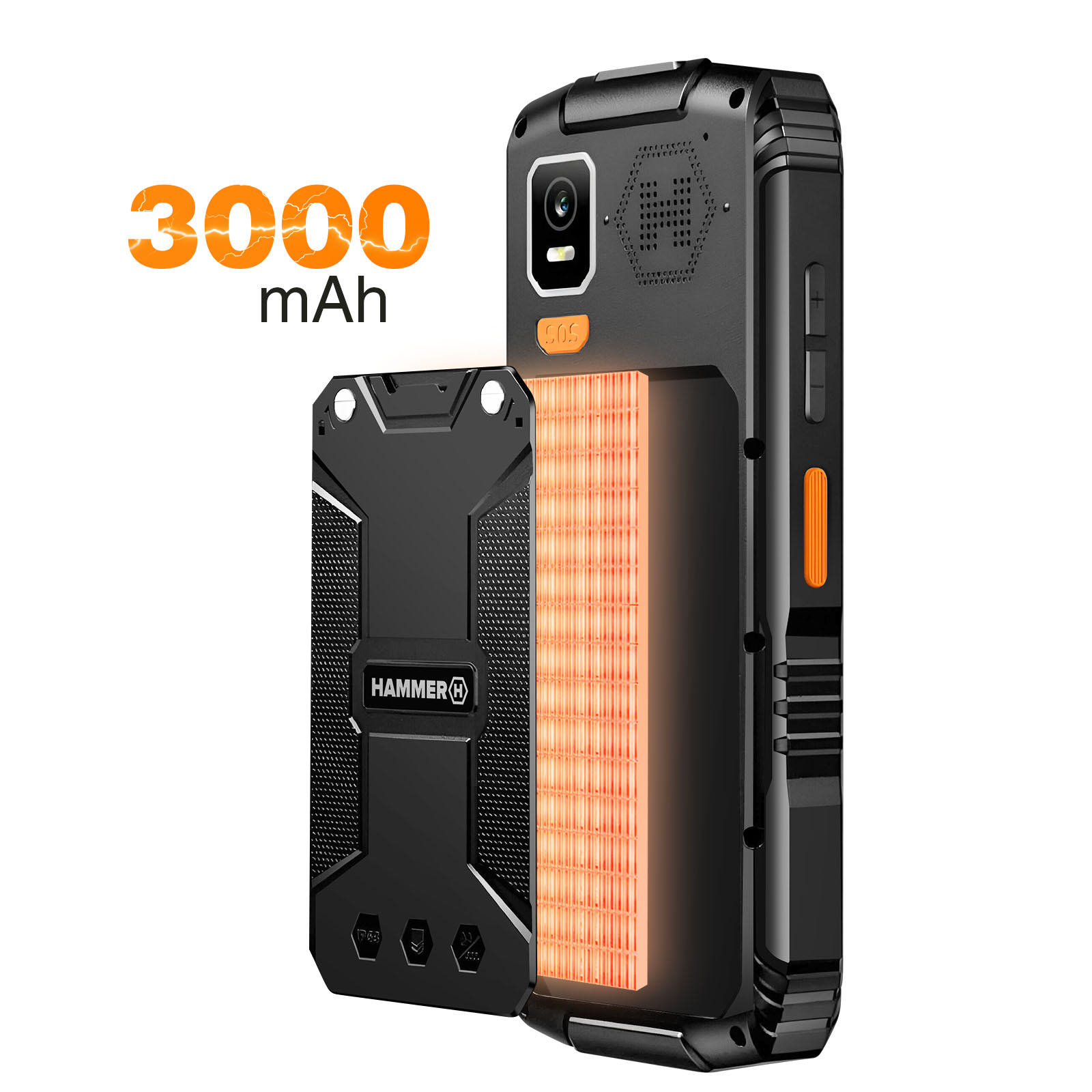 Smartphone negro con tapa trasera desmontable, detalles en naranja y un indicador de batería brillante de 3000 mAh.