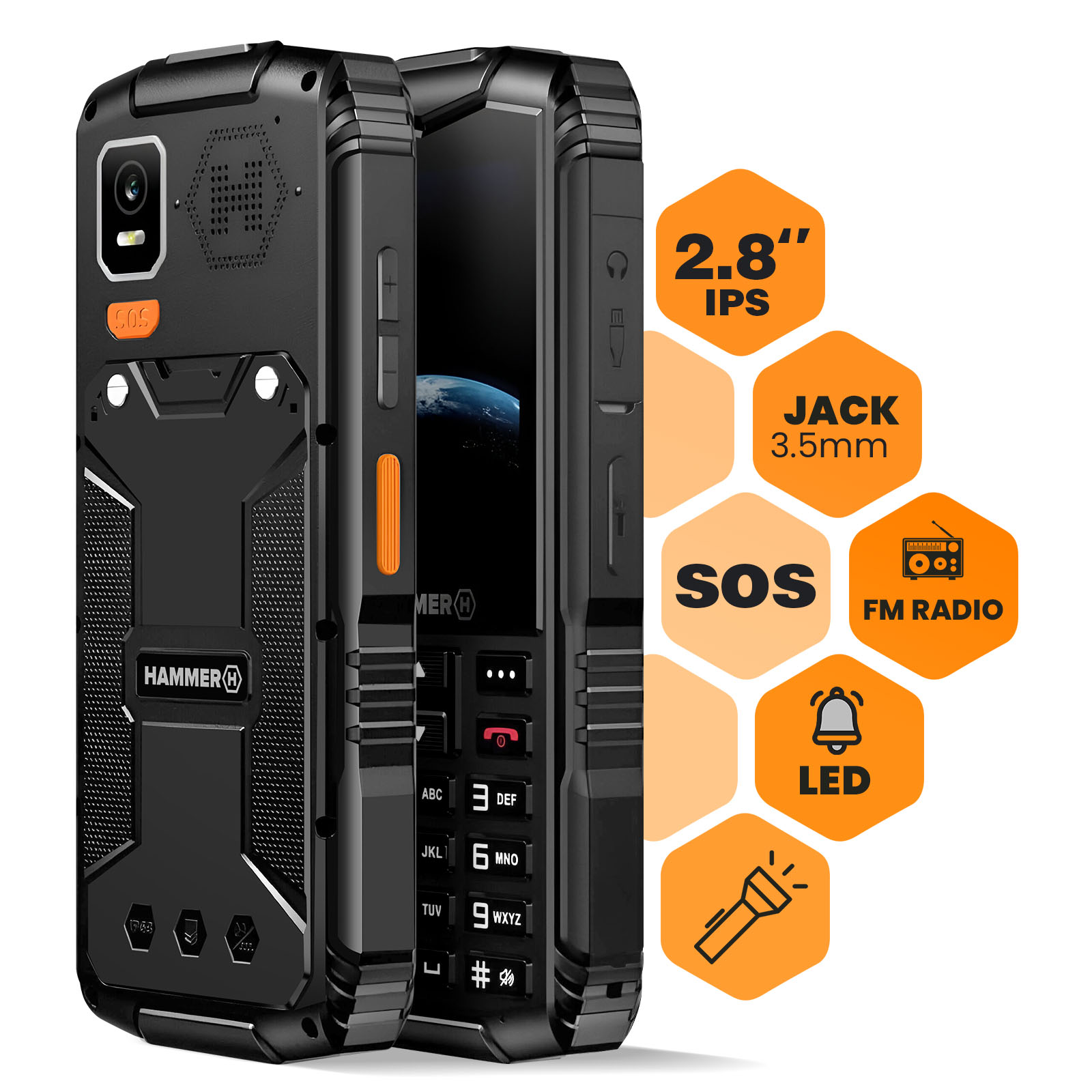 Teléfono negro resistente con detalles en naranja, con botón SOS, radio FM, LED e iconos de linterna en el lateral.