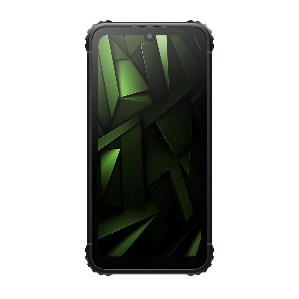 Ein Smartphone mit schwarzem, robustem Gehäuse. Der Bildschirm zeigt ein geometrisches Design in Grüntönen.
