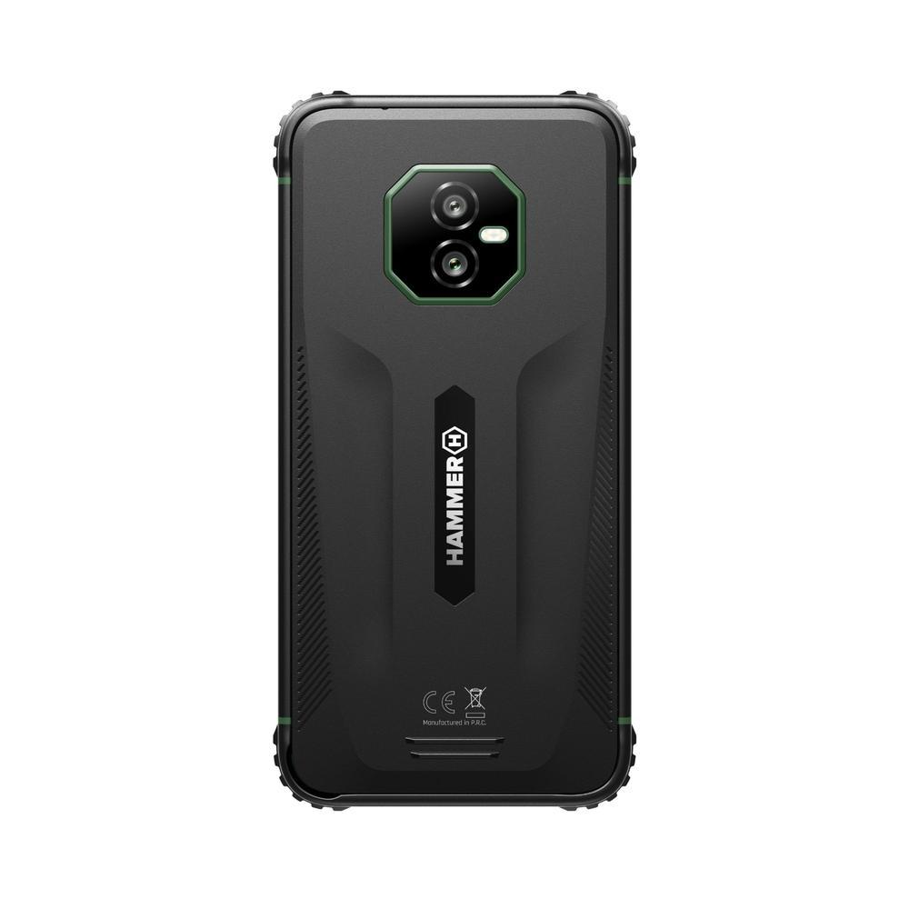 Schwarze Smartphone-Rückseite. Es hat eine Dual-Kamera, das Hammer-Logo und grüne Akzente. Robustes Design.