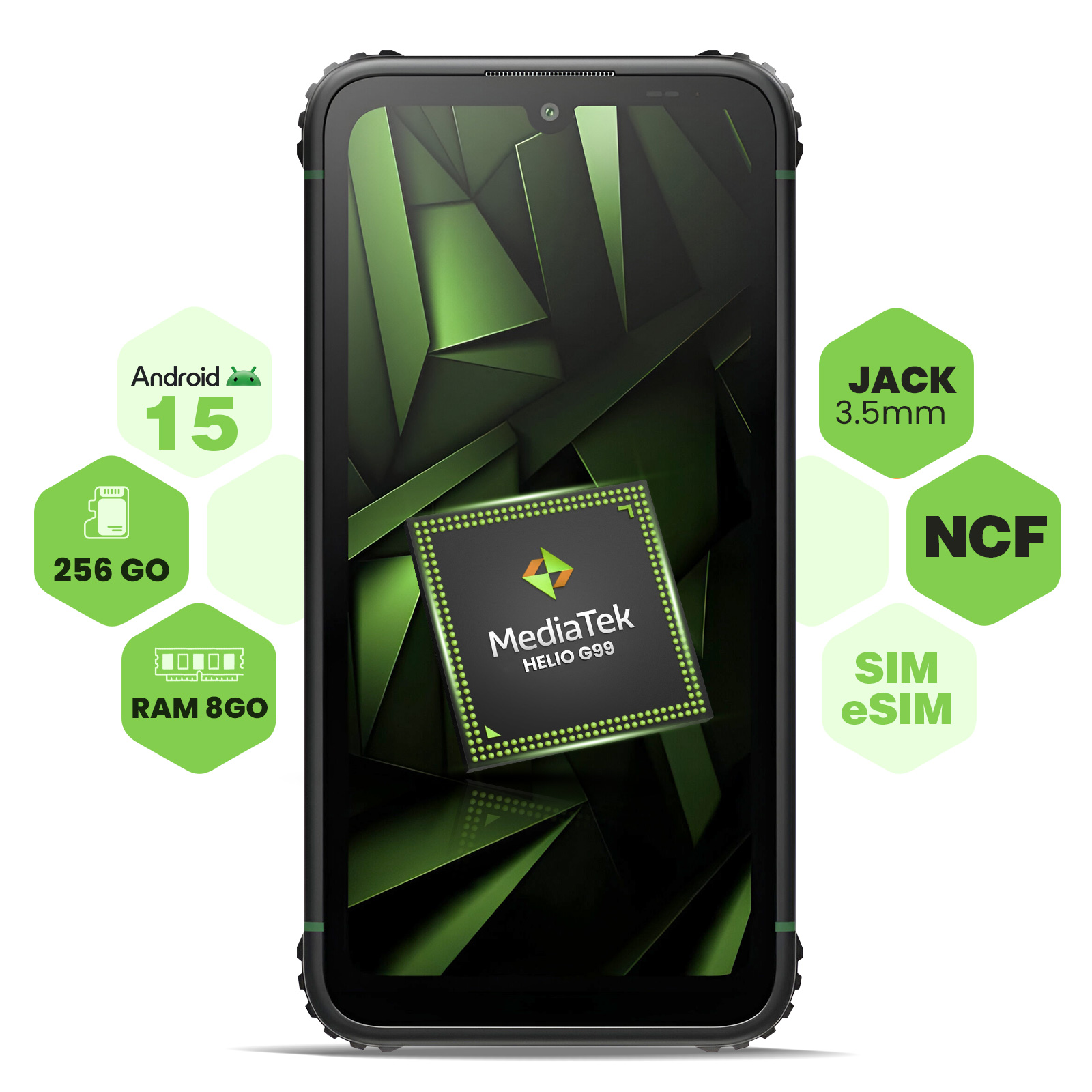 Smartphone mit grünem, geometrischem Hintergrund. Eigenschaften: Android 15, 256 GB, 8 GB RAM, MediaTek Helio G99, SIM, eSim, NFC und 3,5-mm-Klinke.