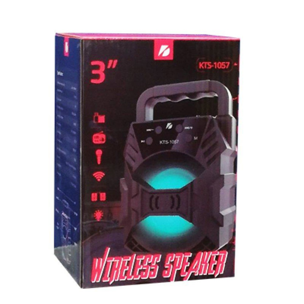 Kablosuz hoparlör kutusu. Kutu, bir tutamağa sahip siyah renktedir. Üzerinde "Wireless Speaker" yazmaktadır.