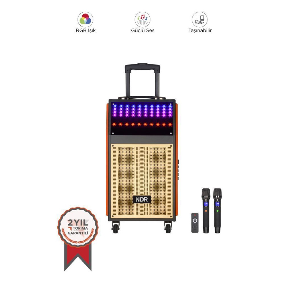 Tekerlekli bir hoparlör ve mikrofonlar. RGB ışıklara sahiptir. Hoparlörün bir garanti rozeti vardır. Ayrıca kontrol düğmeleri de vardır.