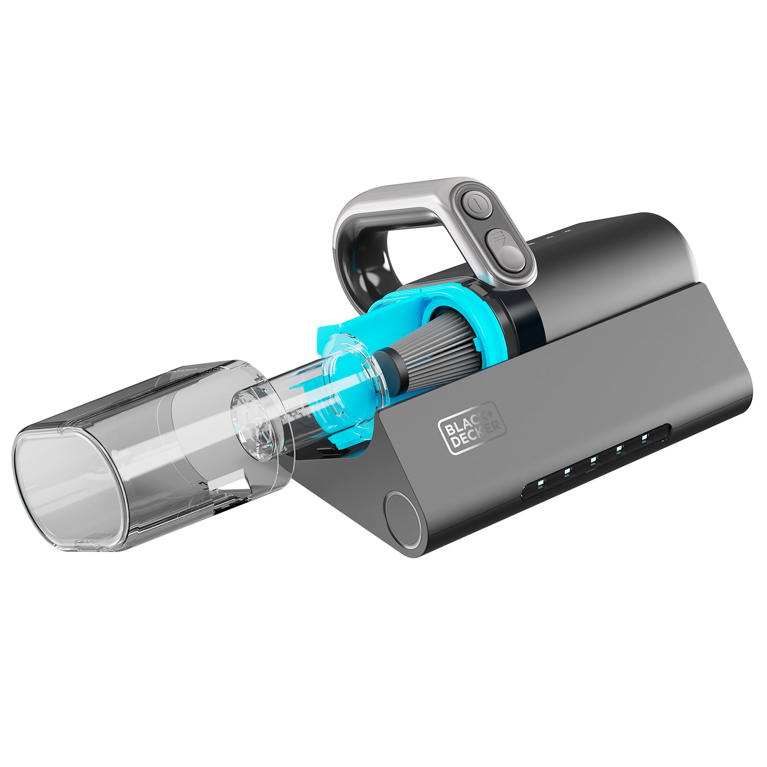 Un aspirapolvere portatile Black+Decker. È per lo più nero e grigio con un contenitore per la polvere trasparente e un accento blu. È su una base di ricarica.