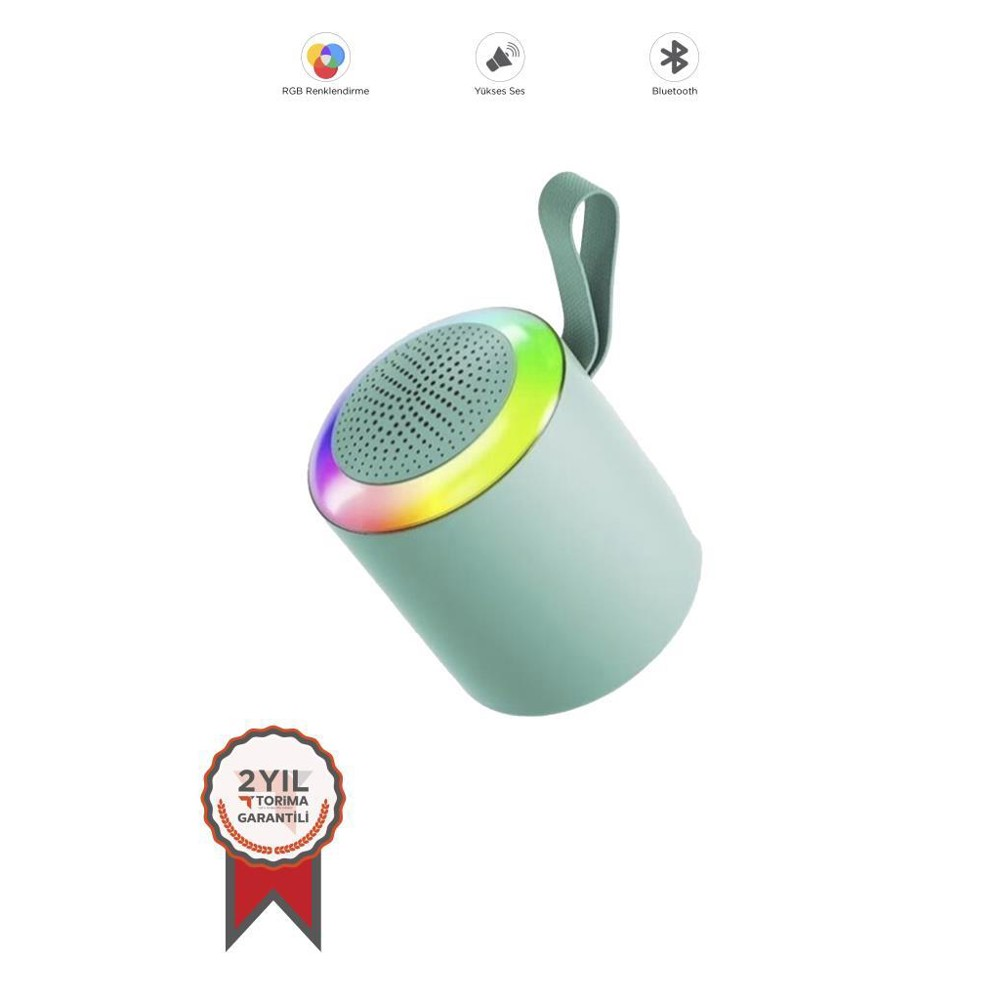 Renkli bir ışık halkasına sahip turkuaz bir hoparlör. Üstte RGB, ses düzeyi ve Bluetooth simgeleri bulunur. Aşağıda bir garanti rozeti vardır.