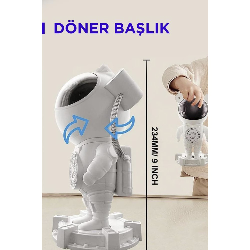 Beyaz astronot şeklinde bir lamba. Bir çocuk benzer, daha küçük bir lambayı tutuyor. Oklar dönüşü gösterir. Metin boyutu gösterir.