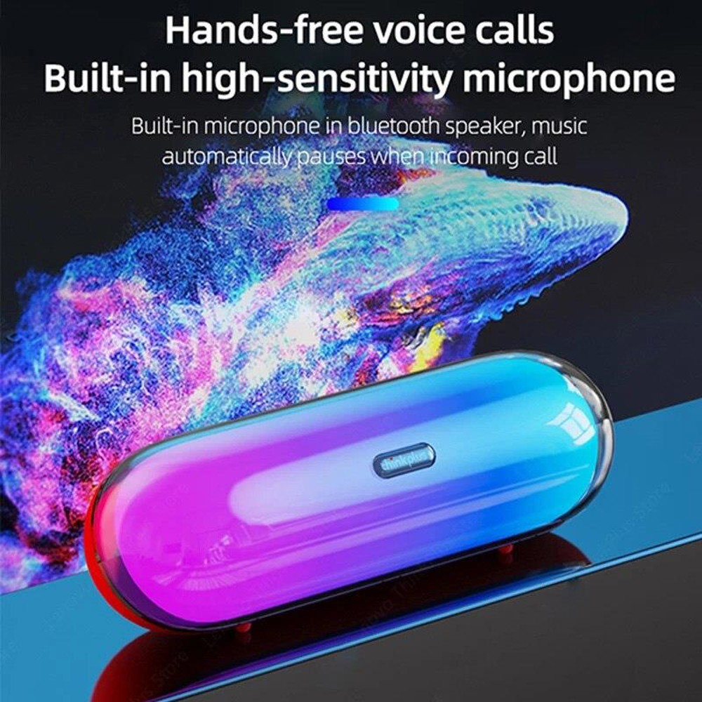 Dahili mikrofonlu renkli bir Bluetooth hoparlör. Metin, eller serbest aramaları vurgular.